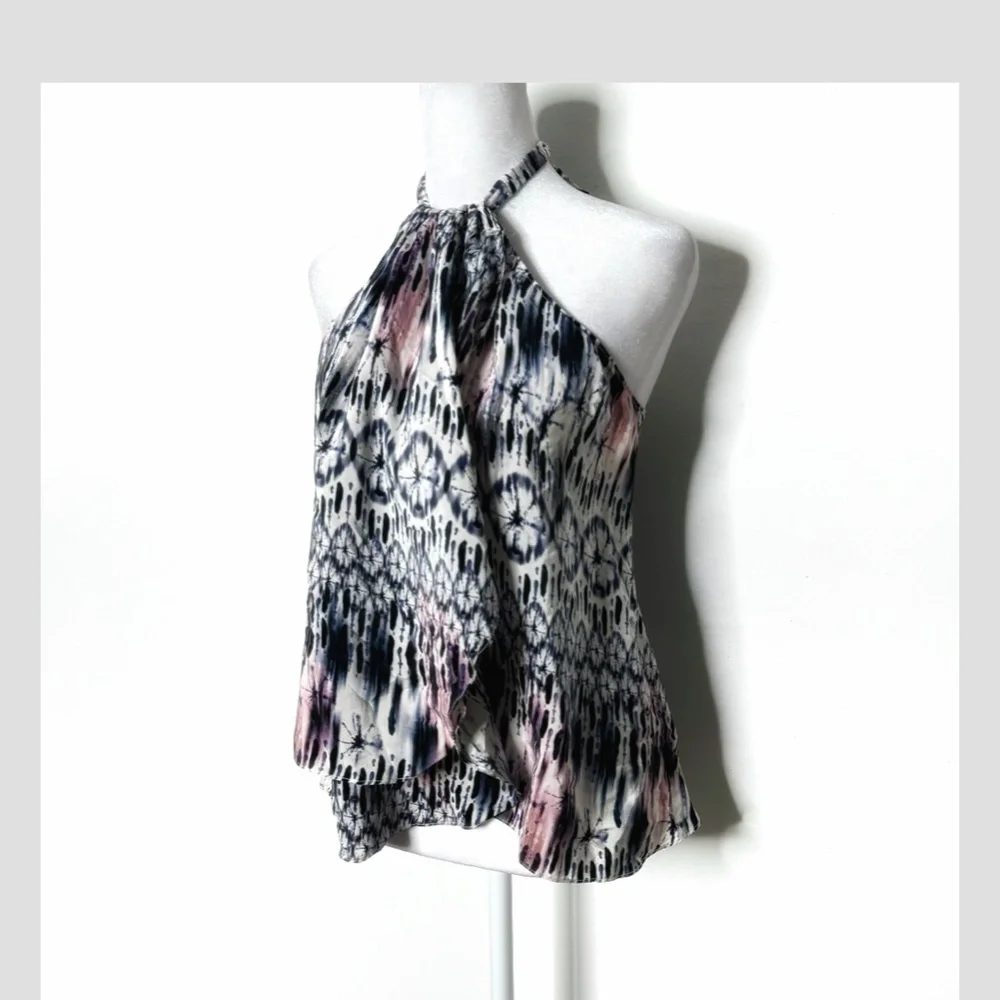 Amanda Uprichard Silk Top Halter Style Tie Neck Flyaway Styling Watercolor Print - Picture 8 of 12